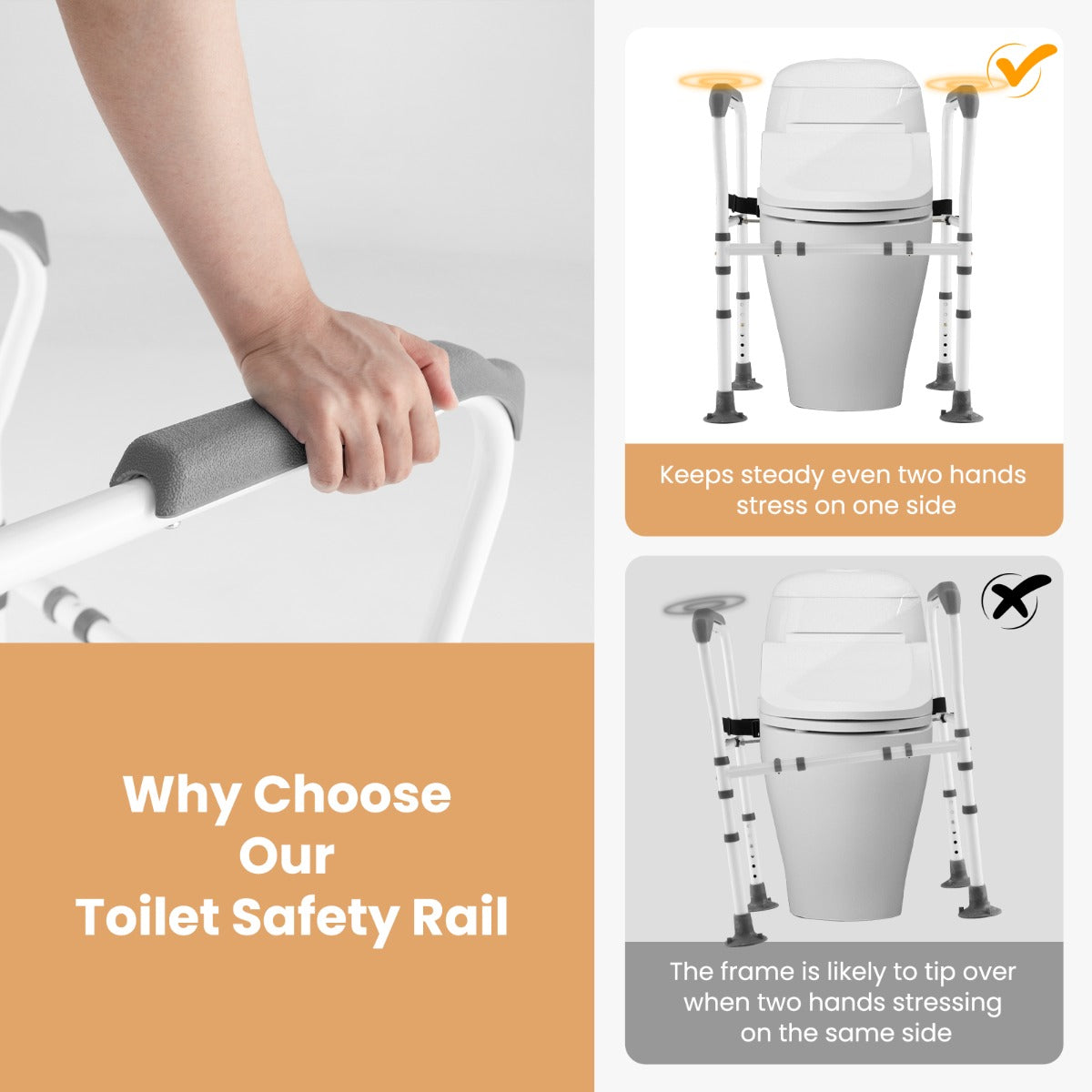 LIVSK Verstelbare Toiletveiligheidsleuning - Opklapbaar - Robuust Koolstofstaal - Eenvoudige Montage - Tot 136 kg - Grijs + Wit