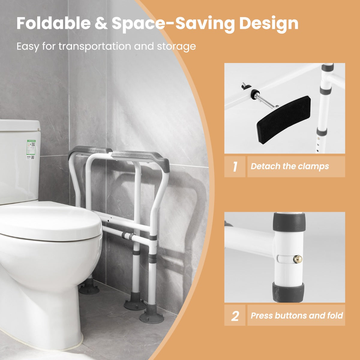 LIVSK Verstelbare Toiletveiligheidsleuning - Opklapbaar - Robuust Koolstofstaal - Eenvoudige Montage - Tot 136 kg - Grijs + Wit