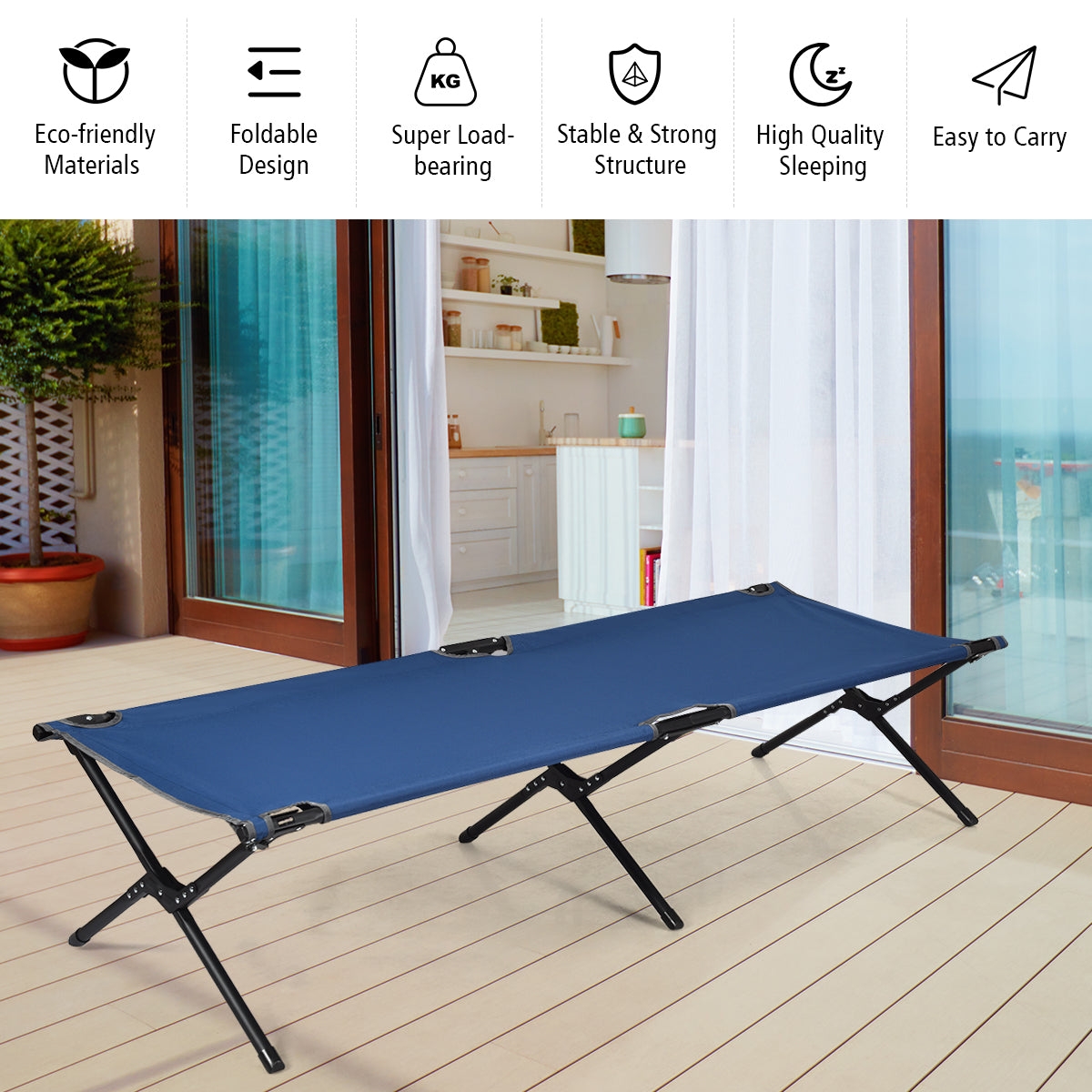 LIVSK Opvouwbaar Campingbed - Robuust Metaal - Draagvermogen 136 kg - 190 x 67 x 42 cm - Inclusief Draagtas - Blauw