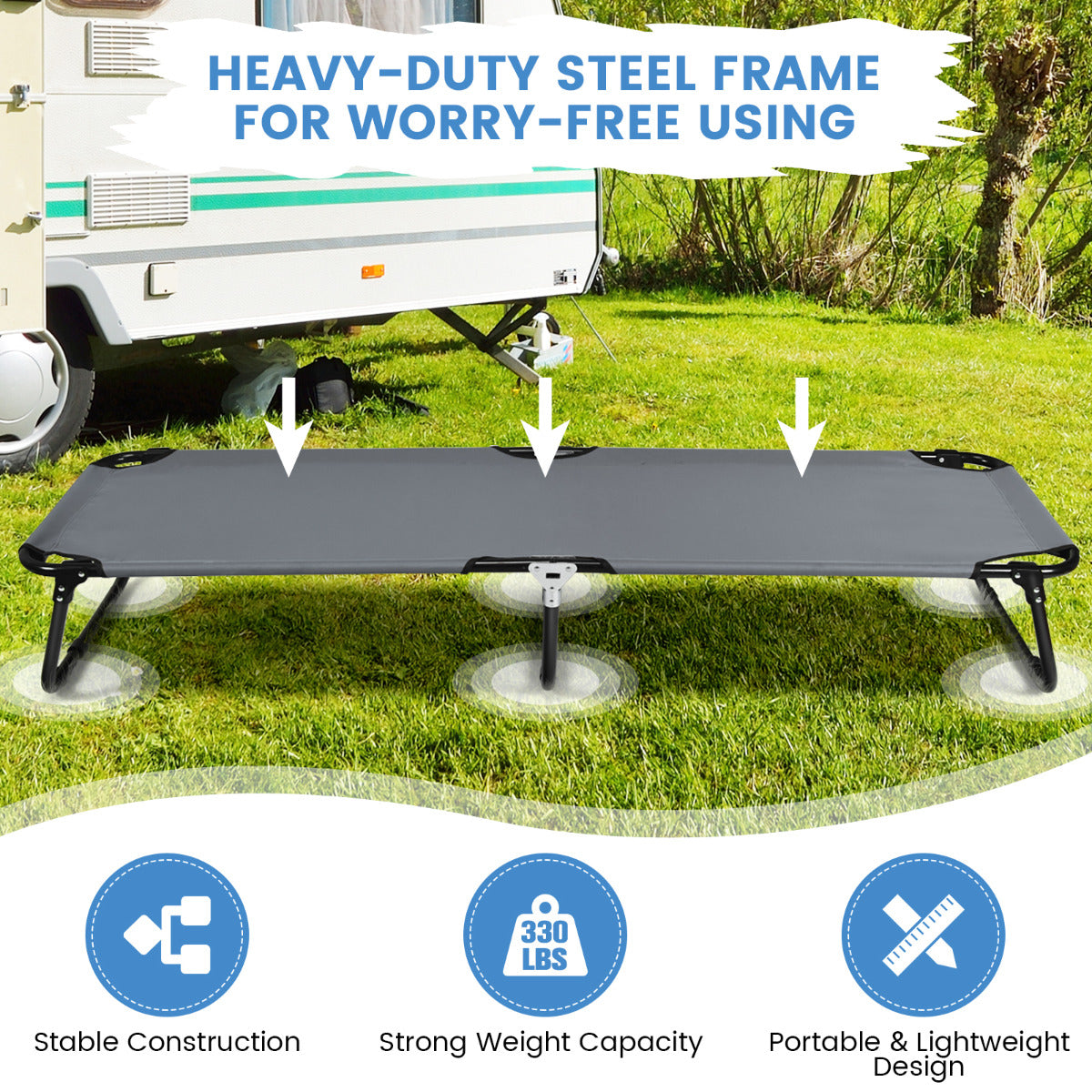 LIVSK Opvouwbaar Campingbed - Draagvermogen 150 kg - Duurzaam Metalen Frame - Ademend Oxford - Ideaal voor Kamperen - Grijs
