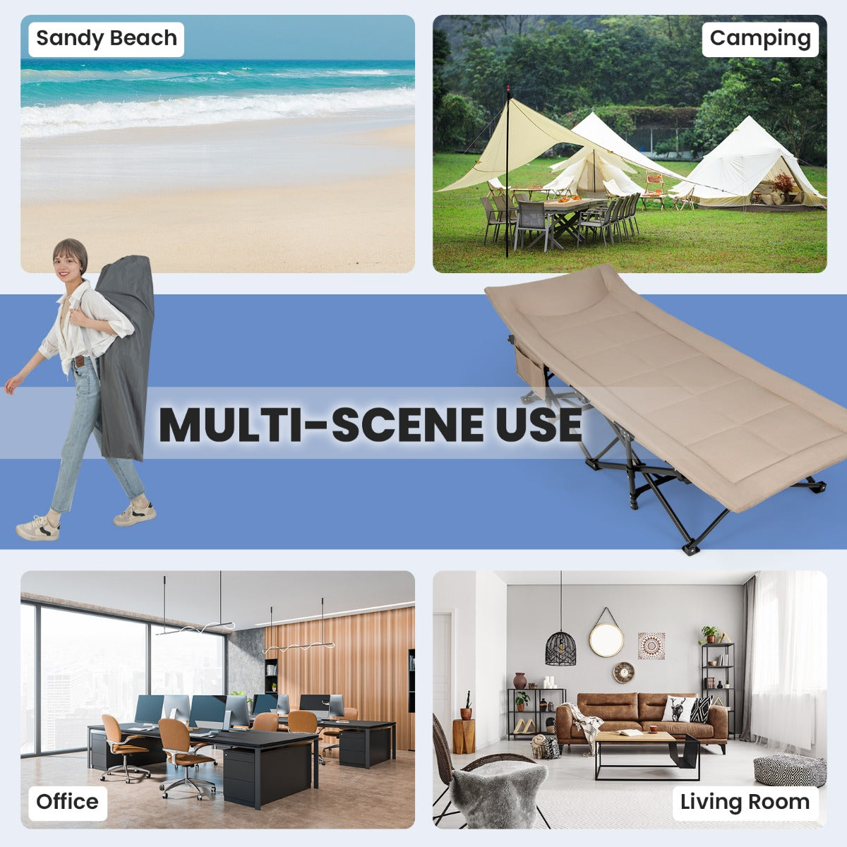 LIVSK Inklapbaar Campingbed met Hoofdsteun - Stabiel Metalen Frame - 10 Steunpunten - Draagtas - Tot 200 kg - Kaki