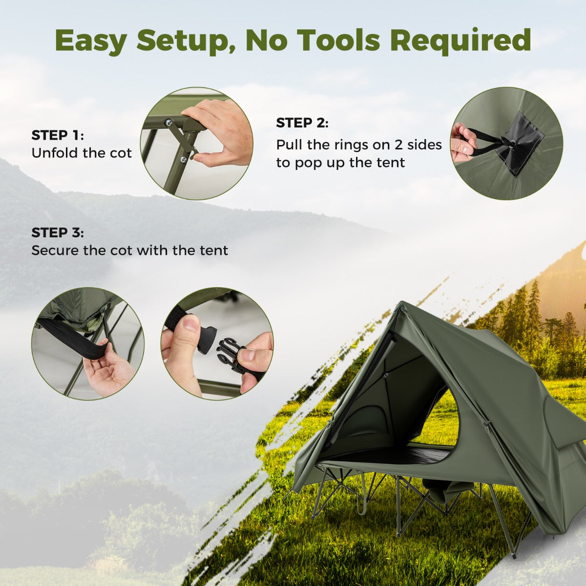 LIVSK Multifunctionele Campingset - 2-Persoons Bed en Opklapbare Tent - Waterdicht met Opbergtas - Eenvoudige Montage - Groen