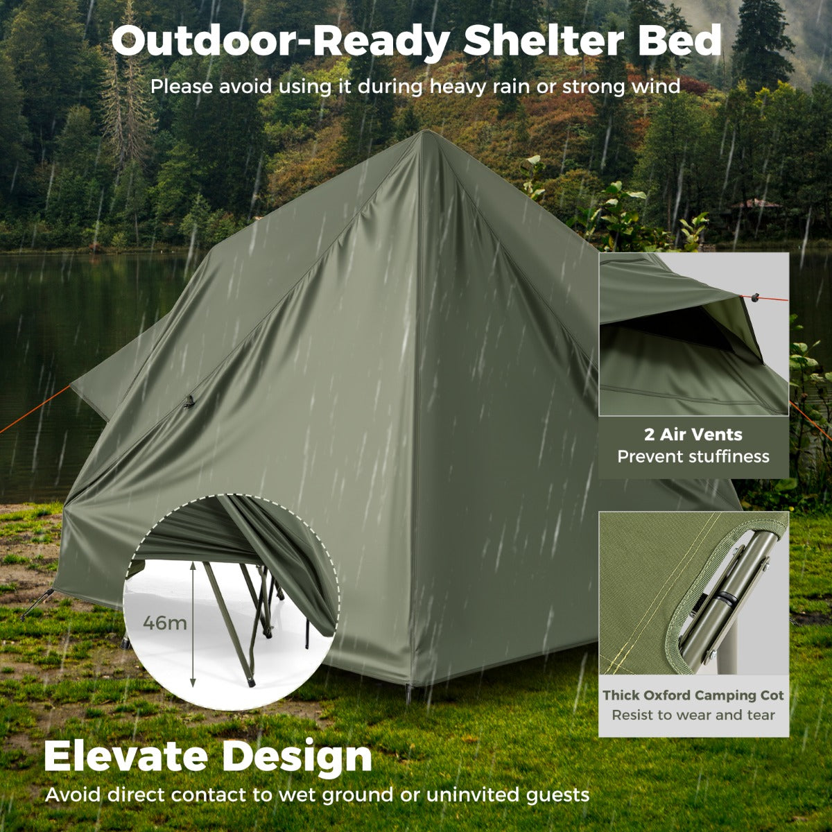 LIVSK Multifunctionele Campingset - 2-Persoons Bed en Opklapbare Tent - Waterdicht met Opbergtas - Eenvoudige Montage - Groen
