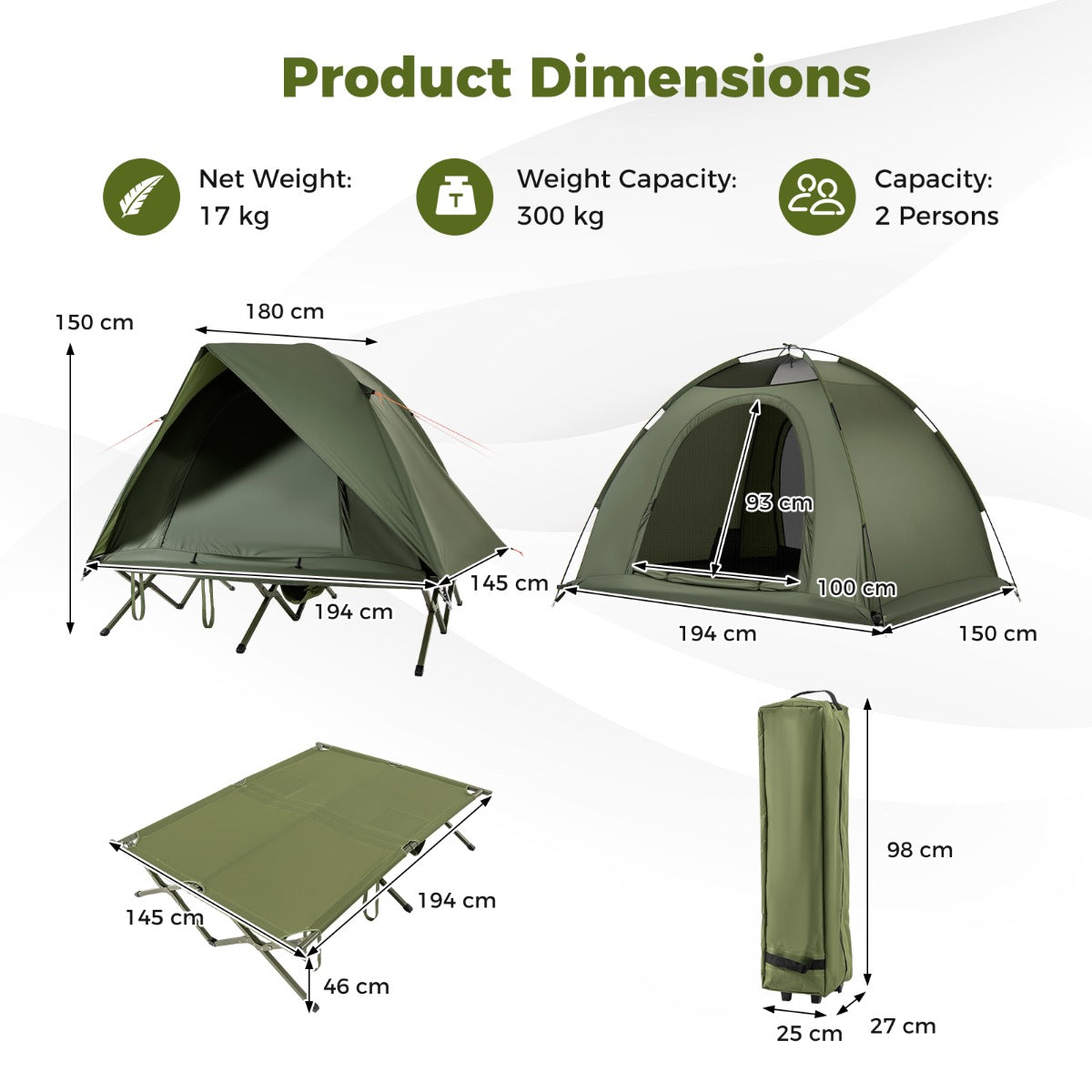 LIVSK 2-persoons Campingbed met Tent en Regenhuif - Waterbestendig - Eenvoudig op te zetten - Draagcapaciteit 300 kg - Groen