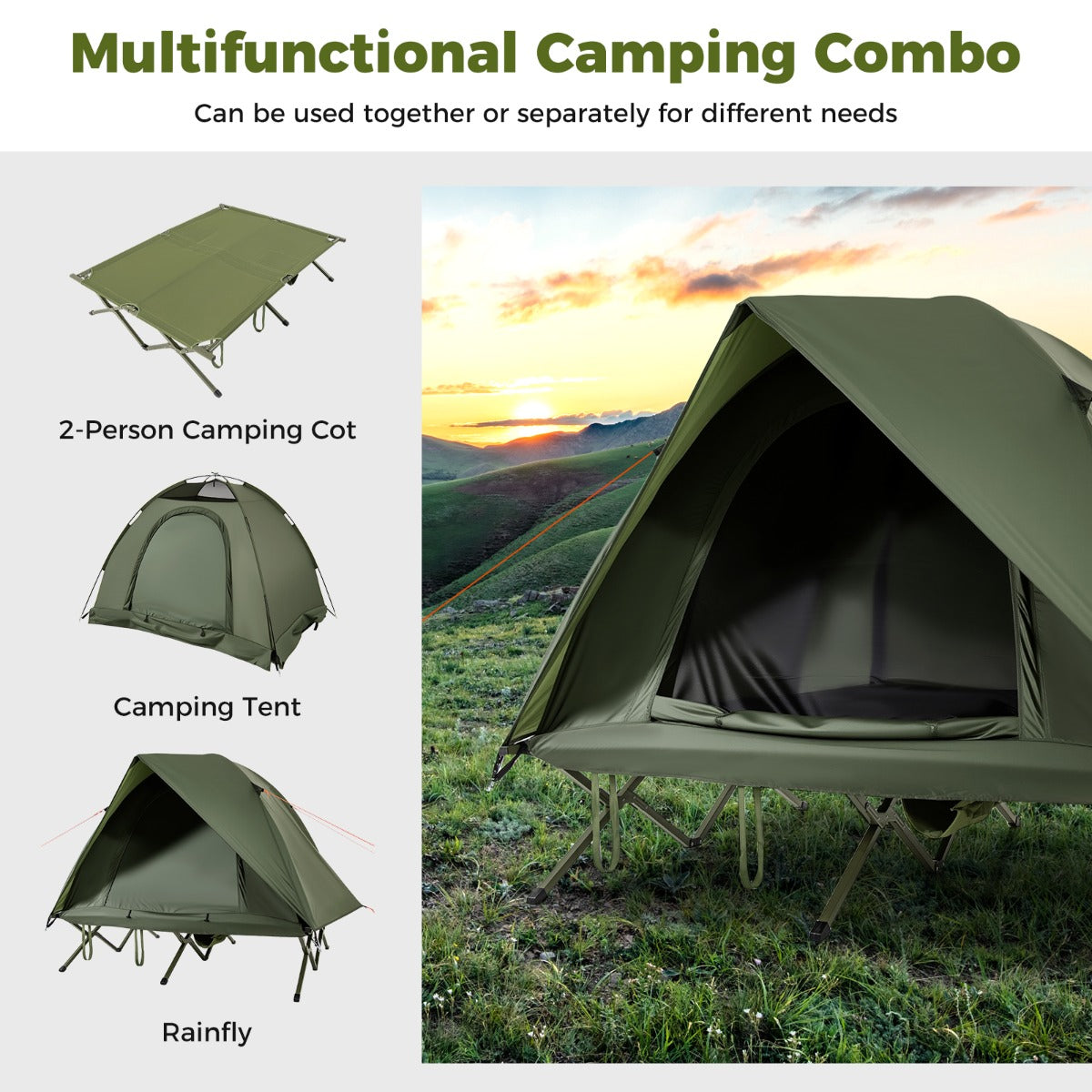 LIVSK 2-persoons Campingbed met Tent en Regenhuif - Waterbestendig - Eenvoudig op te zetten - Draagcapaciteit 300 kg - Groen