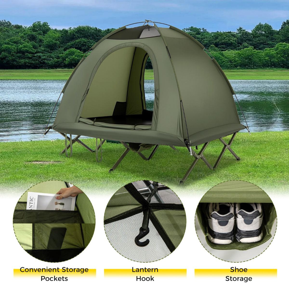 LIVSK 2-persoons Campingbed met Tent en Regenhuif - Waterbestendig - Eenvoudig op te zetten - Draagcapaciteit 300 kg - Groen
