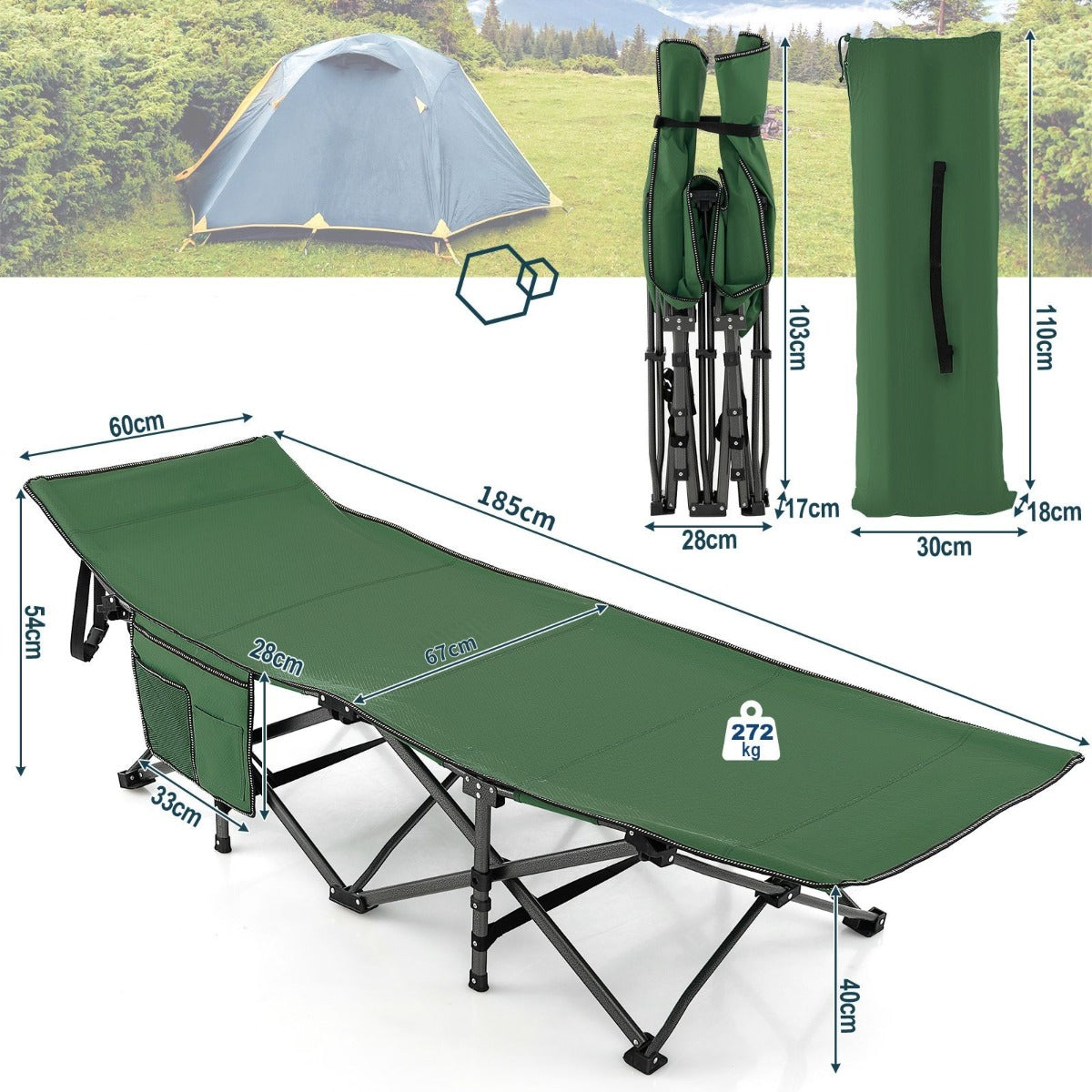 LIVSK Inklapbaar Veldbed - 272 kg Draagvermogen - X-vormige 10-punts Structuur - Hoogwaardige Oxford-stof - 185 x 67 x 40 cm -