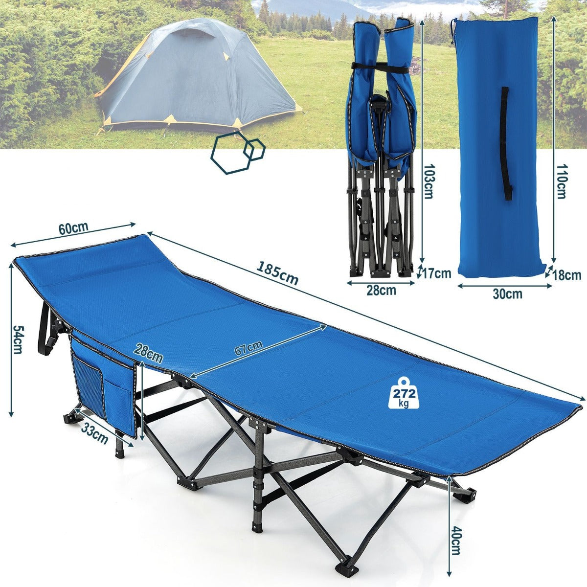LIVSK Campingligstoel - Inklapbaar - Draagvermogen tot 272 kg - Stabiele X-vormige Structuur - Hoogwaardige Oxford-stof - Blauw