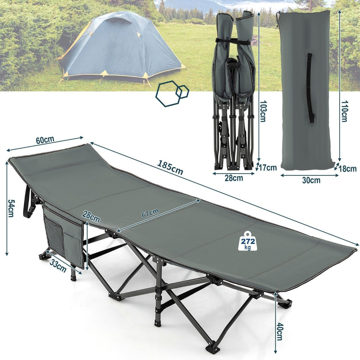 LIVSK Campingligstoel - Inklapbaar en Waterdicht - X-vormige 10-punts Structuur - Tot 272 kg - 185 x 67 x 40 cm - Grijs