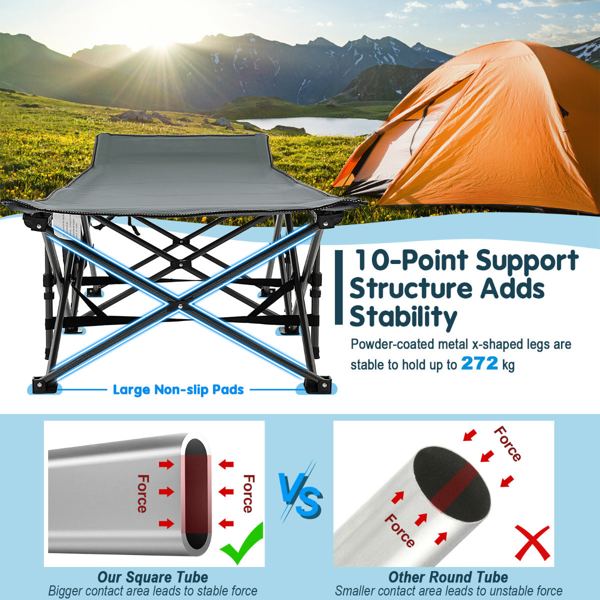 LIVSK Campingligstoel - Inklapbaar en Waterdicht - X-vormige 10-punts Structuur - Tot 272 kg - 185 x 67 x 40 cm - Grijs