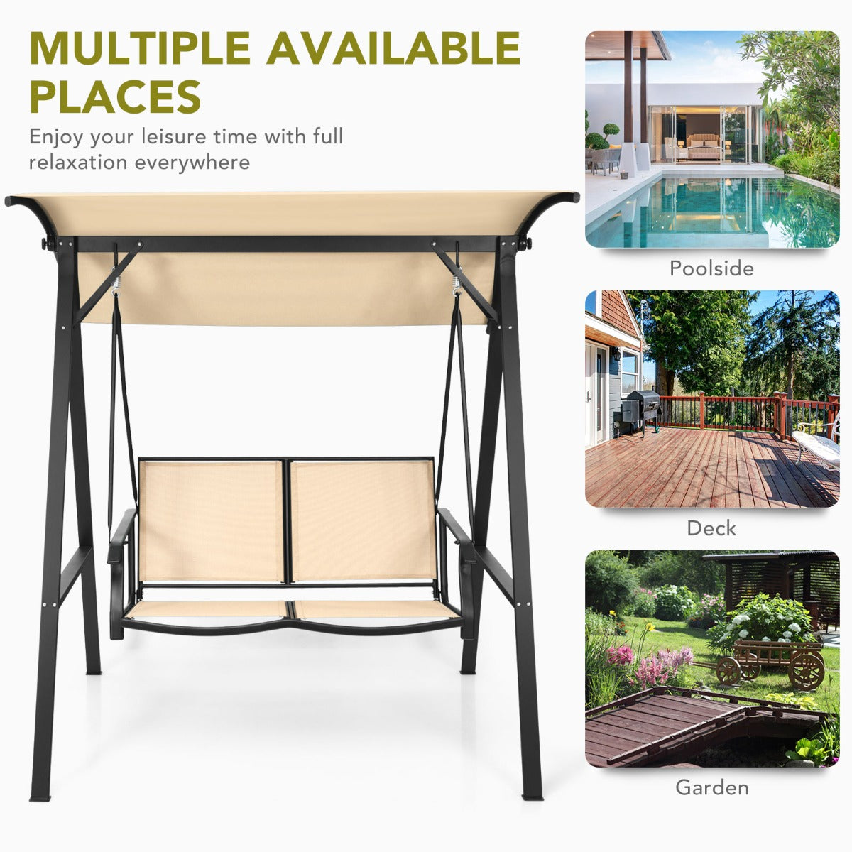 LIVSK Veranda Schommel - Verstelbare Kap - Voor 2 Personen - Robuust Metaal - Draagvermogen tot 240 kg - Beige