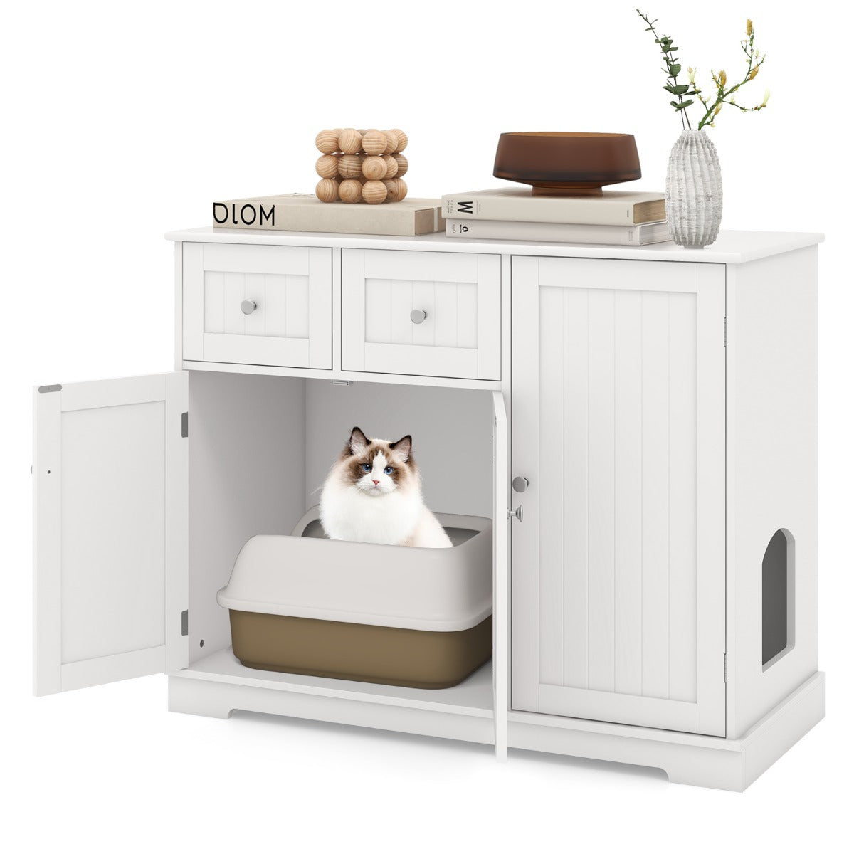 LIVSK Kattenbakkast met Opbergruimte - Multifunctioneel en Stabiel - 2 Lades en Binnenvakken - 100 x 45 x 80 cm - Wit