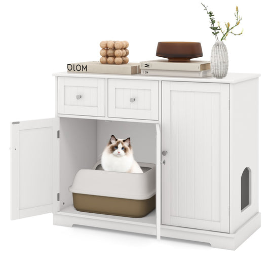 LIVSK Kattenbakkast met Opbergruimte - Multifunctioneel en Stabiel - 2 Lades en Binnenvakken - 100 x 45 x 80 cm - Wit