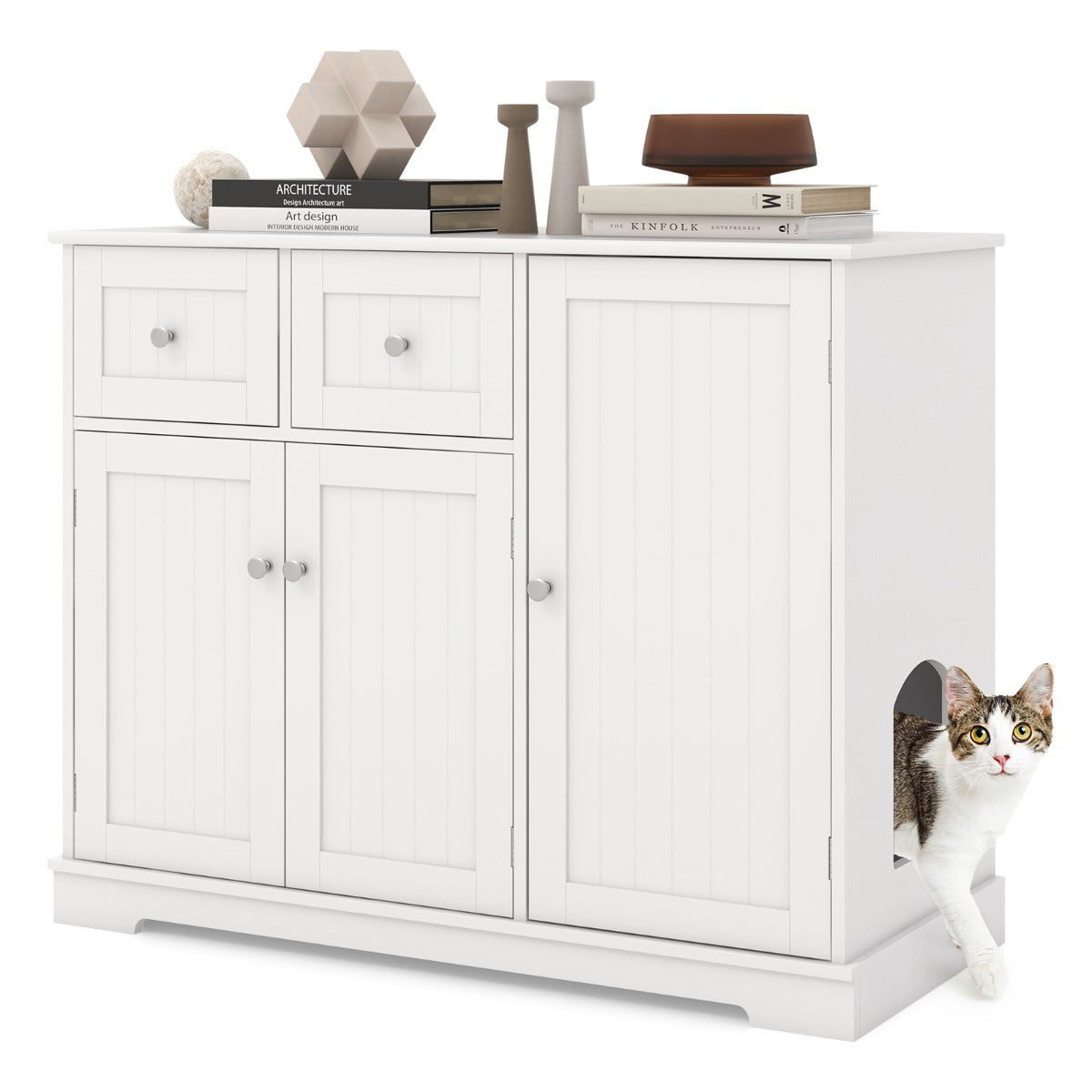LIVSK Kattenbakkast met Opbergruimte - Multifunctioneel en Stabiel - 2 Lades en Binnenvakken - 100 x 45 x 80 cm - Wit