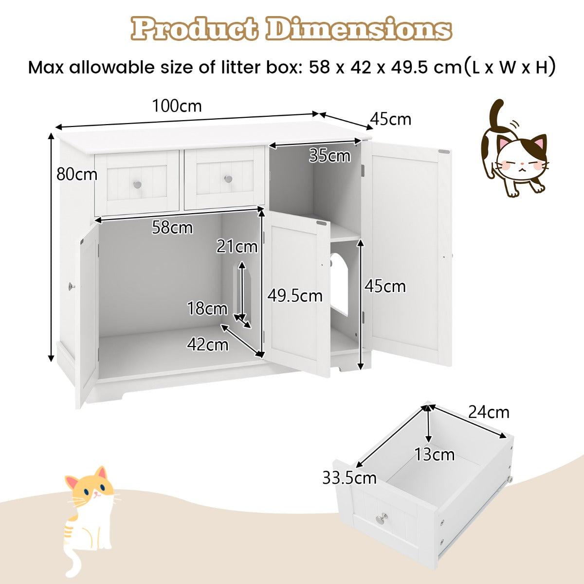 LIVSK Kattenbakkast met Opbergruimte - Multifunctioneel en Stabiel - 2 Lades en Binnenvakken - 100 x 45 x 80 cm - Wit