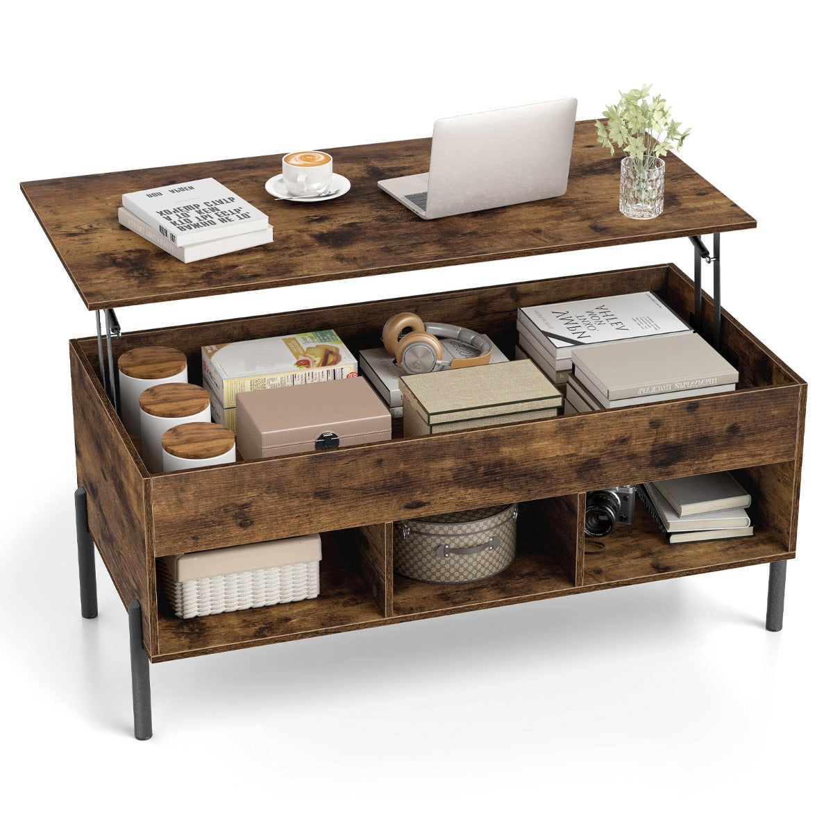Livsk costway verhoogbare salontafel verhoogbare salontafel met breed tafelblad verborgen opbergvak en 3 open opbergvakken bruin 1