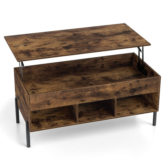 Livsk costway verhoogbare salontafel verhoogbare salontafel met breed tafelblad verborgen opbergvak en 3 open opbergvakken bruin