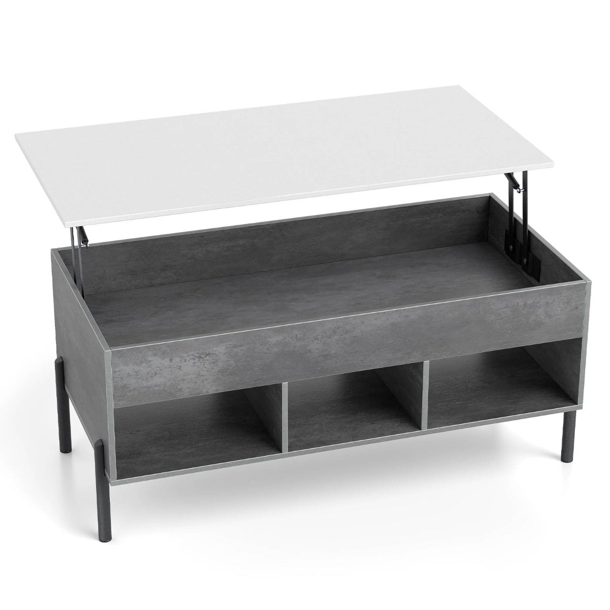 Livsk costway verhoogbare salontafel verhoogbare salontafel met breed tafelblad verborgen opbergvak en 3 open opbergvakken grijs