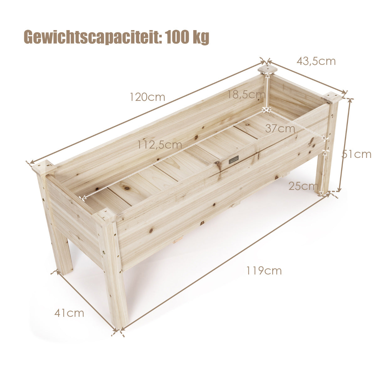 LIVSK Verhoogd Tuinbed van Cederhout - Comfortabele Hoogte 51 cm - 5 Drainagegaten - Draagvermogen 100 kg - 120 x 43,5 x 51 cm -