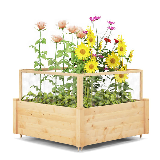 LIVSK Verhoogd Plantenbed van Dennenhout - 9 Verstelbare Roosters - 4-Zijdige Omheining - Voor Tuin en Balkon - 107 x 107 x 70 cm