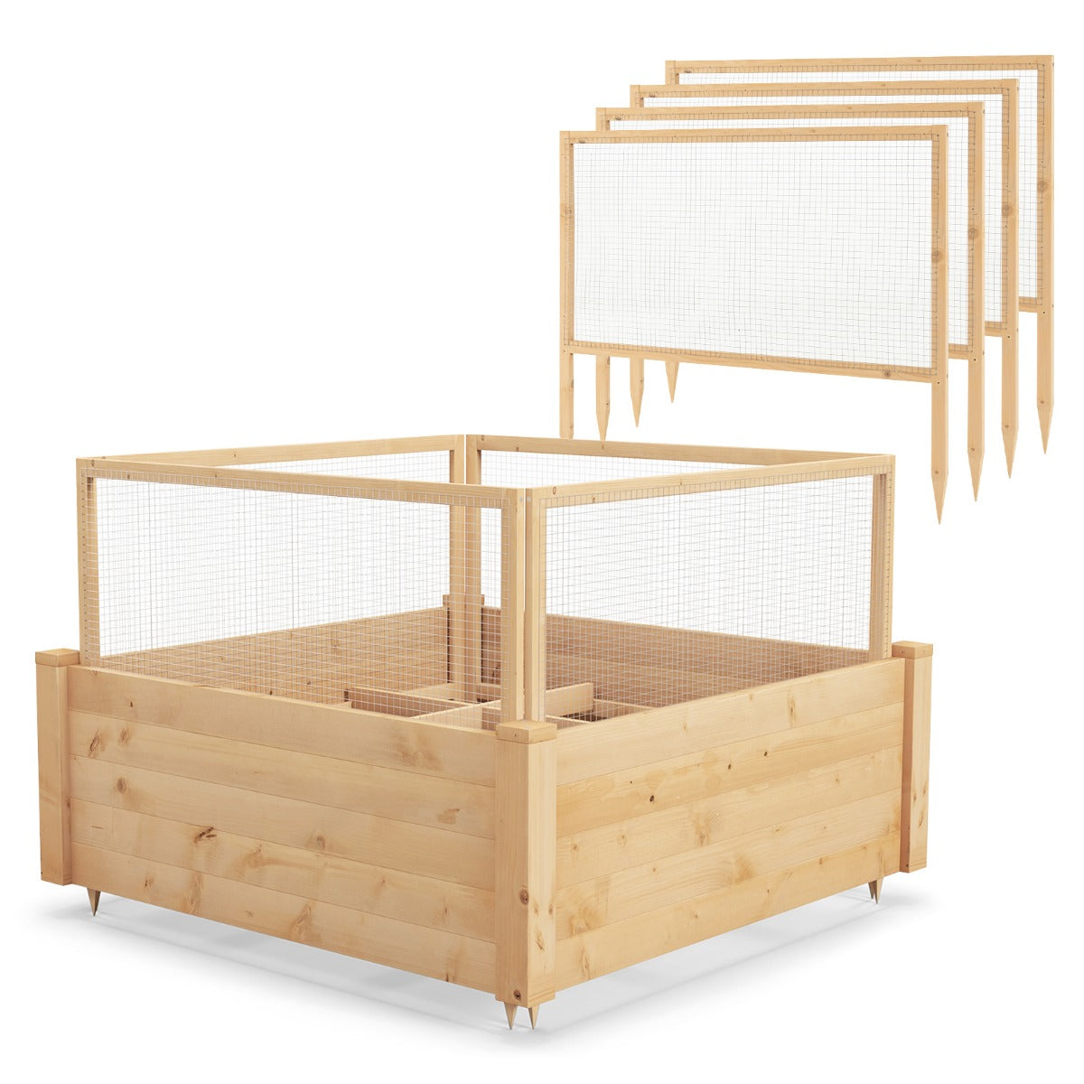LIVSK Verhoogd Plantenbed van Dennenhout - 9 Verstelbare Roosters - 4-Zijdige Omheining - Voor Tuin en Balkon - 107 x 107 x 70 cm