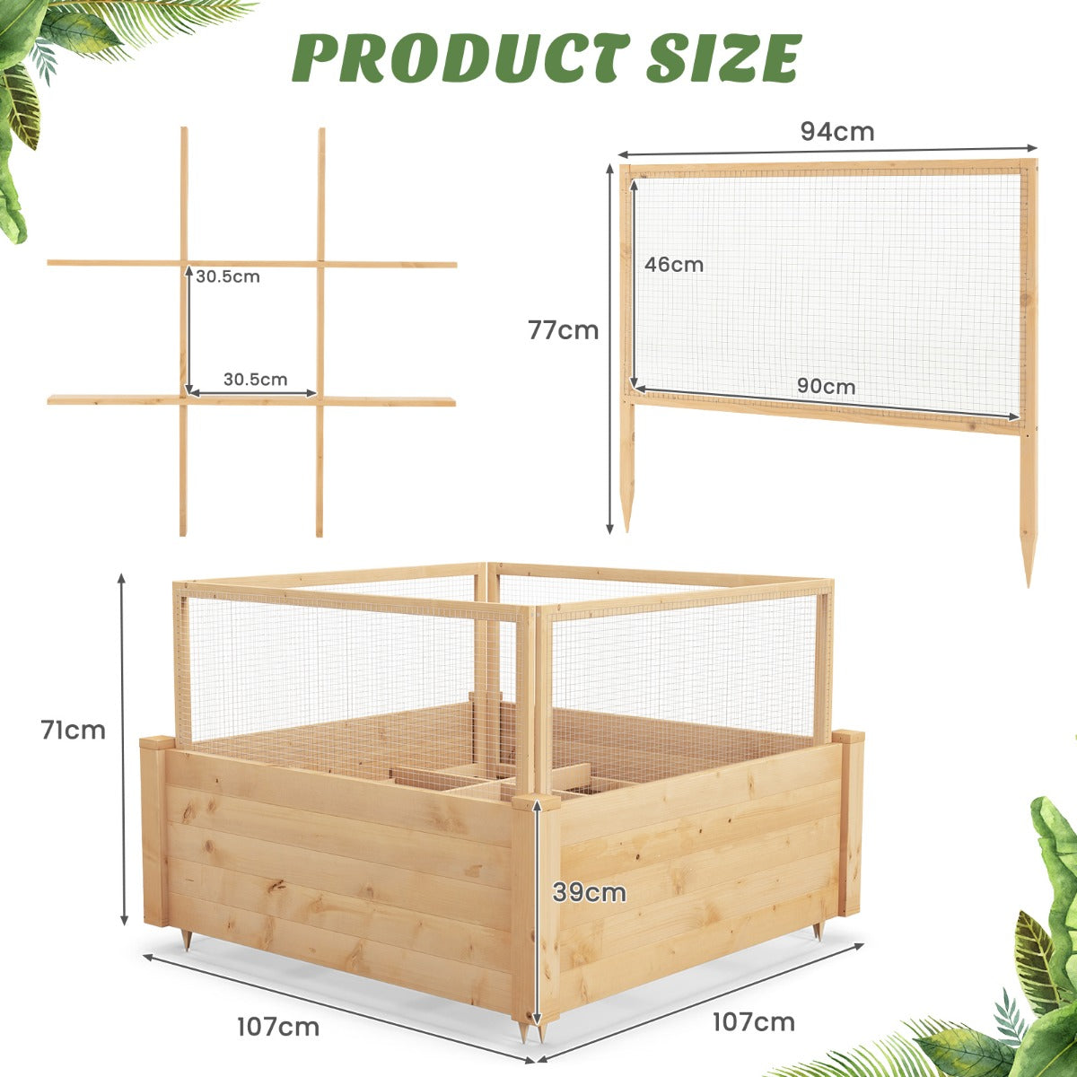LIVSK Verhoogd Plantenbed van Dennenhout - 9 Verstelbare Roosters - 4-Zijdige Omheining - Voor Tuin en Balkon - 107 x 107 x 70 cm