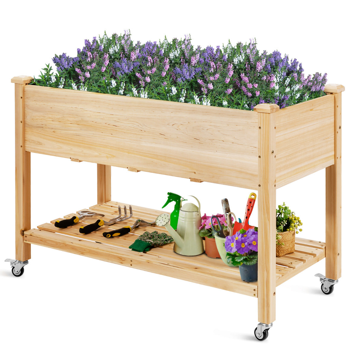 LIVSK Verhoogde Plantenbak met Opbergvak - Massief Dennenhout - Drainagegaten - Vergrendelbare Wielen - 120 x 59 x 84 cm -