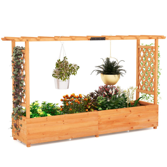 LIVSK Plantenbak met Trellis - 100% Natuurlijk Dennenhout - Waterafvoer - Geschikt voor Binnen en Buiten - 200 x 44 x 114 cm -