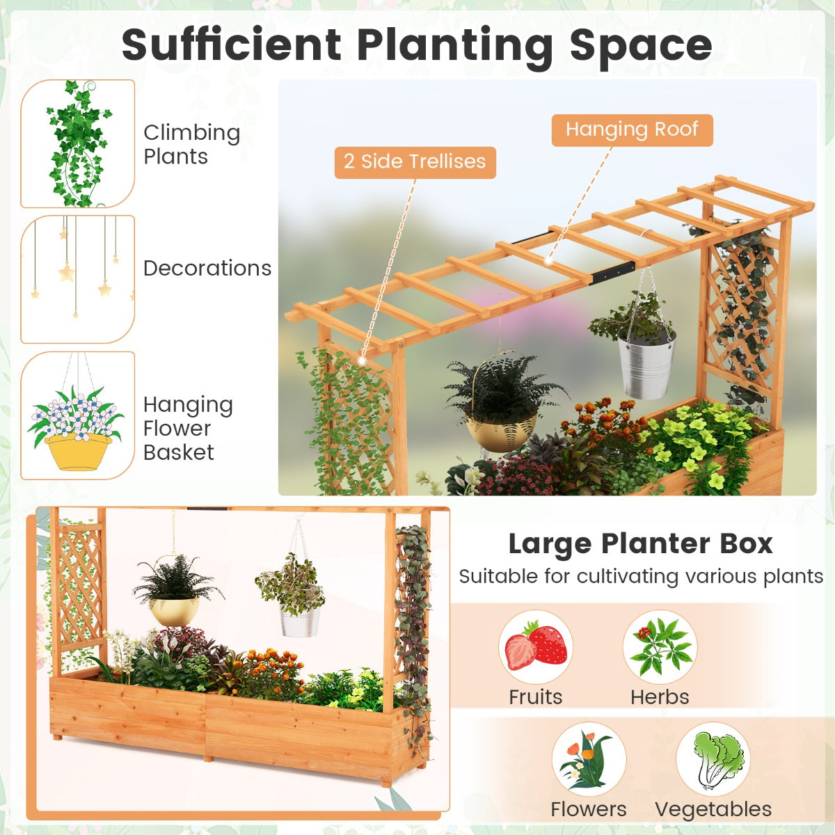 LIVSK Plantenbak met Trellis - 100% Natuurlijk Dennenhout - Waterafvoer - Geschikt voor Binnen en Buiten - 200 x 44 x 114 cm -