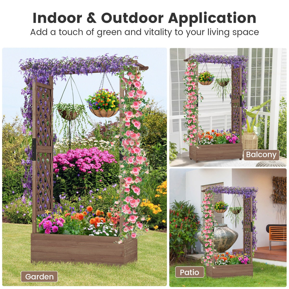 LIVSK Verhoogd Bloembed met Rankrooster - Natuurlijk Dennenhout - Voldoende Plantoppervlak - Waterafvoer - 110 x 44 x 182 cm -