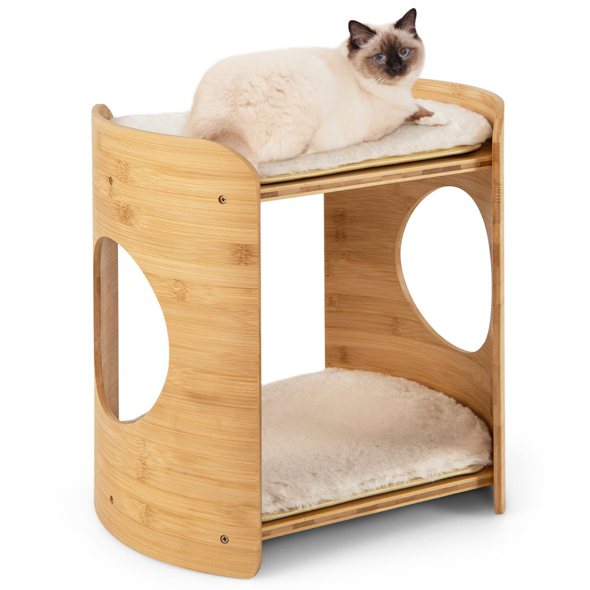 Livsk costway verhoogd kattenbed schattige kleine kattenboom met 2 niveaus voor binnenkatten met frame van natuurlijk bamboe natuurlijk 1 1