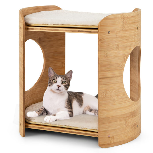 Livsk costway verhoogd kattenbed schattige kleine kattenboom met 2 niveaus voor binnenkatten met frame van natuurlijk bamboe natuurlijk