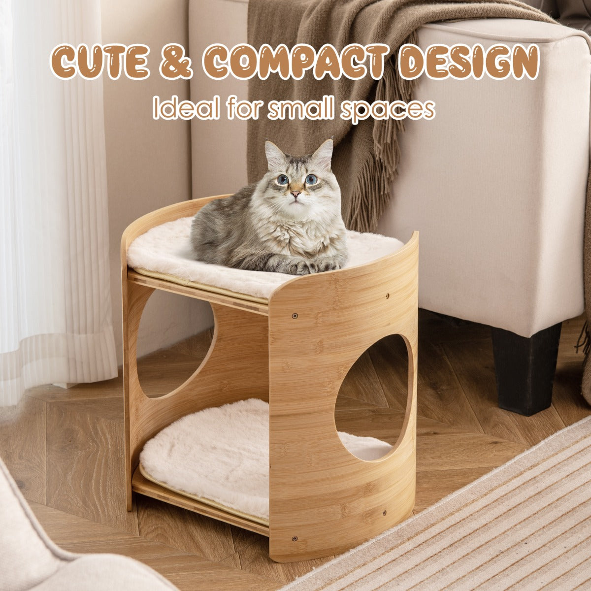 Livsk costway verhoogd kattenbed schattige kleine kattenboom met 2 niveaus voor binnenkatten met frame van natuurlijk bamboe natuurlijk 3