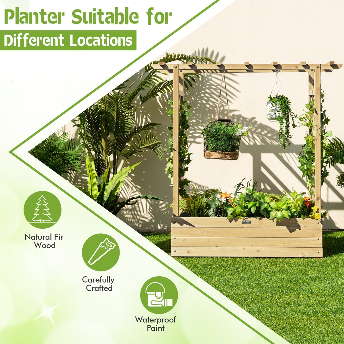 LIVSK Houten Plantenbak met Latwerk - Ruime Kuip met Drainagegaten - Voor Binnen en Buiten - Natuurlijk Dennenhout - 110 x 44 x