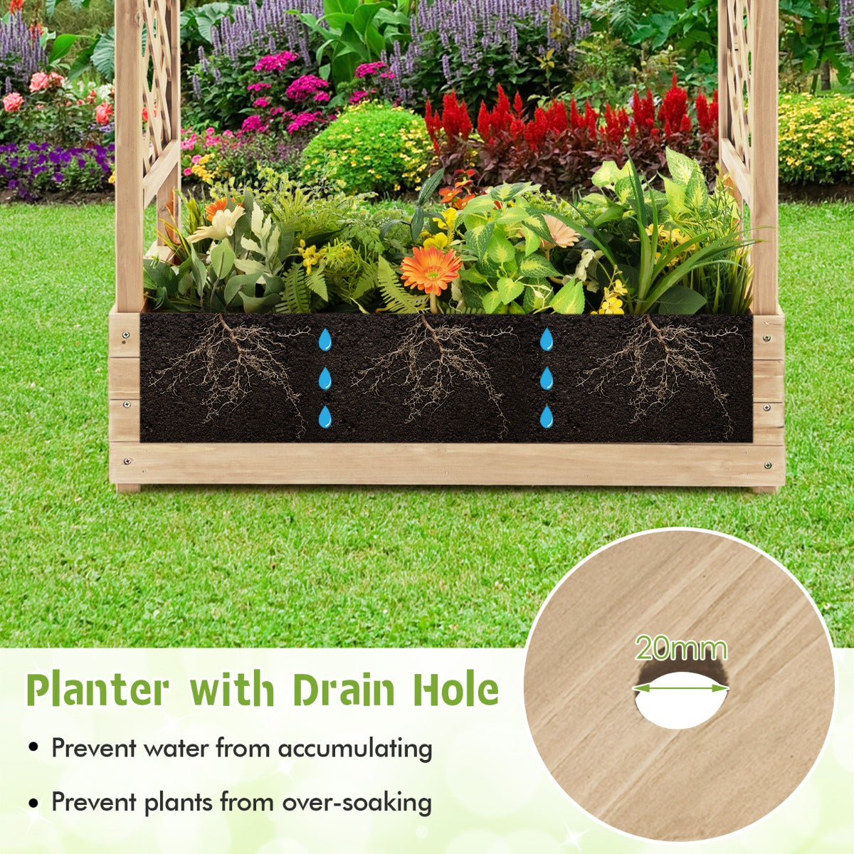 LIVSK Houten Plantenbak met Latwerk - Ruime Kuip met Drainagegaten - Voor Binnen en Buiten - Natuurlijk Dennenhout - 110 x 44 x
