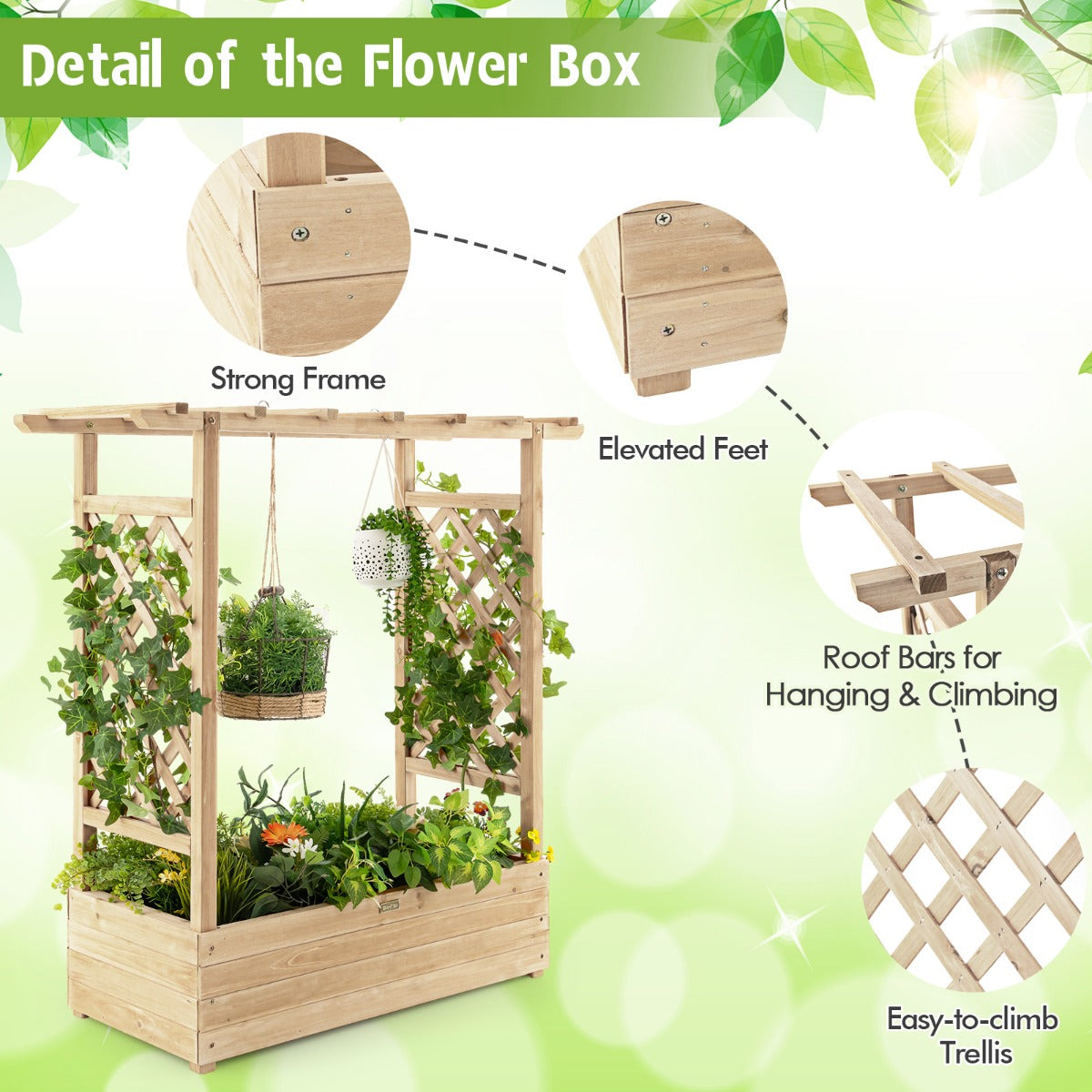 LIVSK Houten Plantenbak met Latwerk - Ruime Kuip met Drainagegaten - Voor Binnen en Buiten - Natuurlijk Dennenhout - 110 x 44 x