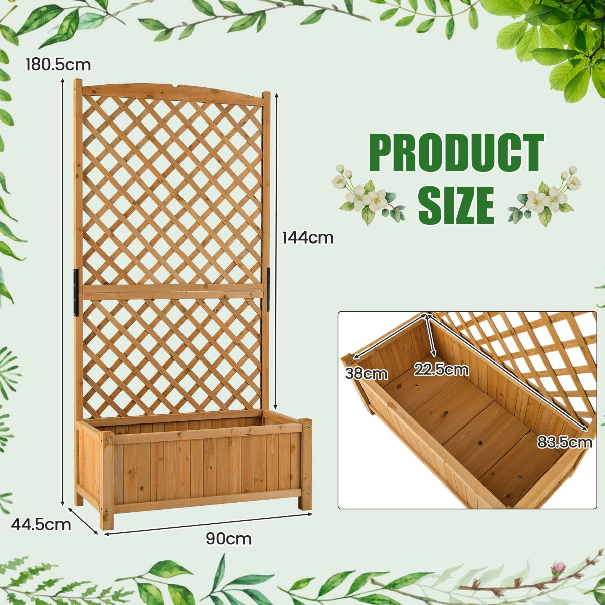LIVSK Verhoogd Tuinbed met Hekwerk - Diepe Plantenbak met Drainage - 90 x 44,5 x 180,5 cm - Geschikt voor Binnen en Buiten -