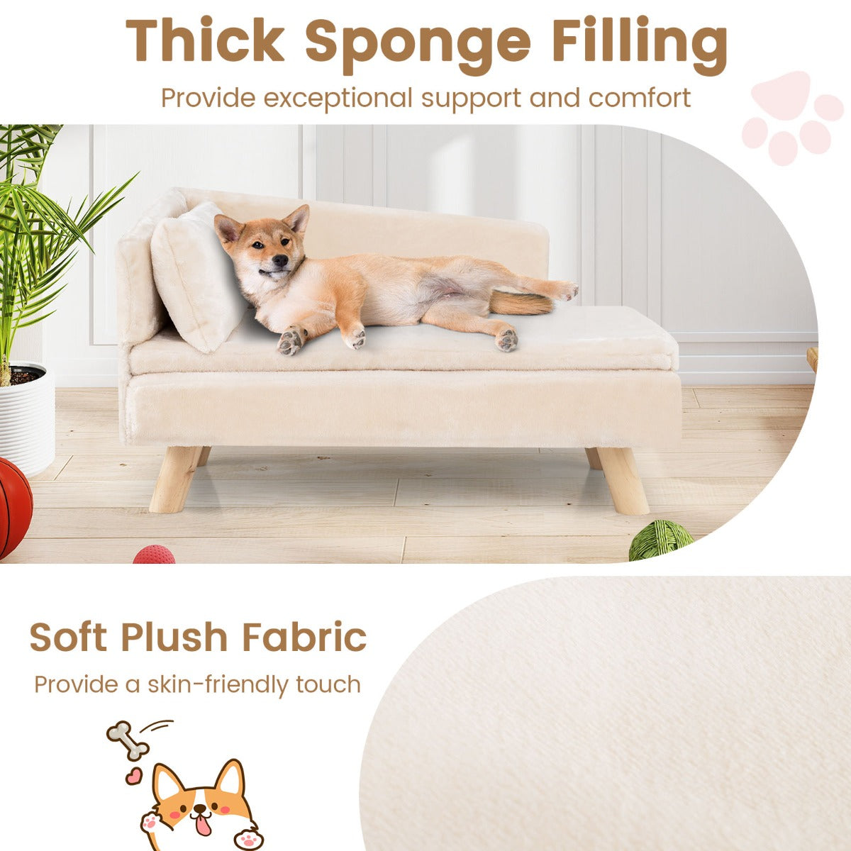 Livsk costway verhoogde hondensofa geschikt voor middelgrote en kleine honden puppys katten en kittens beige 3