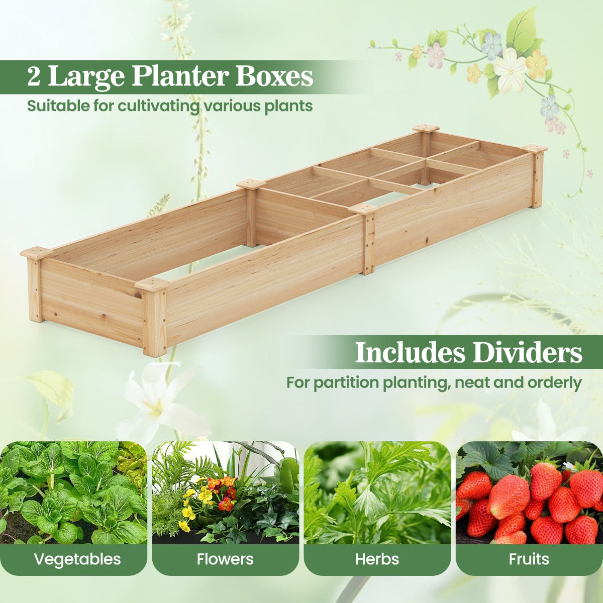 LIVSK Grote Verhoogde Houten Plantenbak - 2 Compartimenten met Verdelers - Duurzaam Sparrenhout - Open Basis - 228 x 62 x 25 cm -