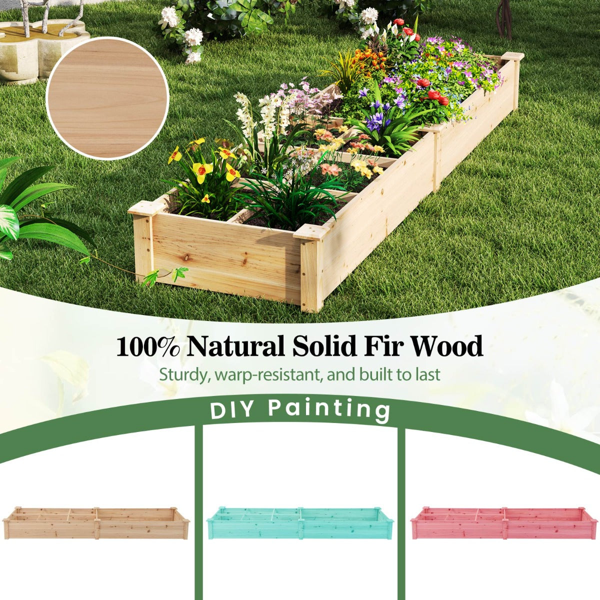 LIVSK Grote Verhoogde Houten Plantenbak - 2 Compartimenten met Verdelers - Duurzaam Sparrenhout - Open Basis - 228 x 62 x 25 cm -