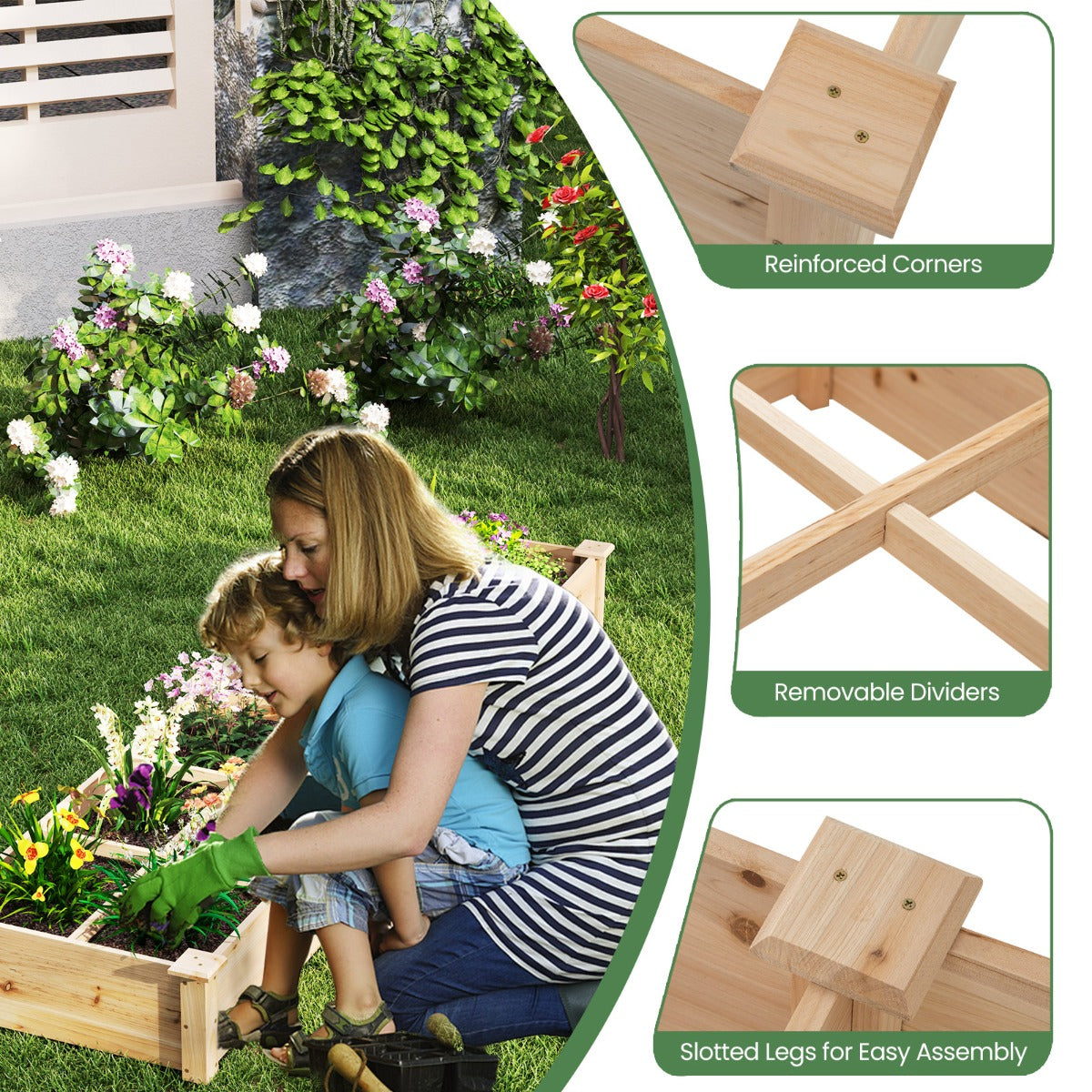 LIVSK Grote Verhoogde Houten Plantenbak - 2 Compartimenten met Verdelers - Duurzaam Sparrenhout - Open Basis - 228 x 62 x 25 cm -