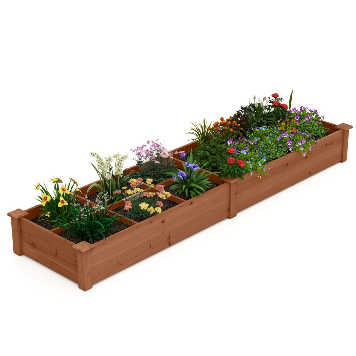 Livsk costway verhoogde houten tuinbak met 2 bloembakken en verdelers 228 cm massief houten tuinbak voor bloemen groenten fruit bruin