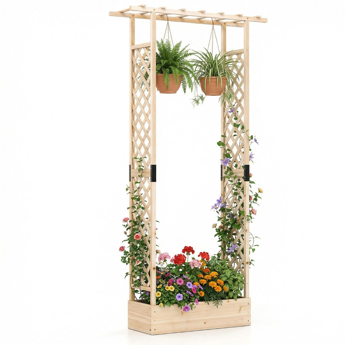 Livsk costway verhoogde houten tuinbak met latwerk en hangend dak afwateringsgaten plantenbak van vurenhout 110 x 35 x 227 cm