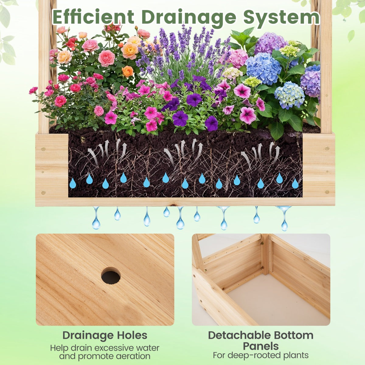 Livsk costway verhoogde houten tuinbak met latwerk en hangend dak afwateringsgaten plantenbak van vurenhout 110 x 35 x 227 cm