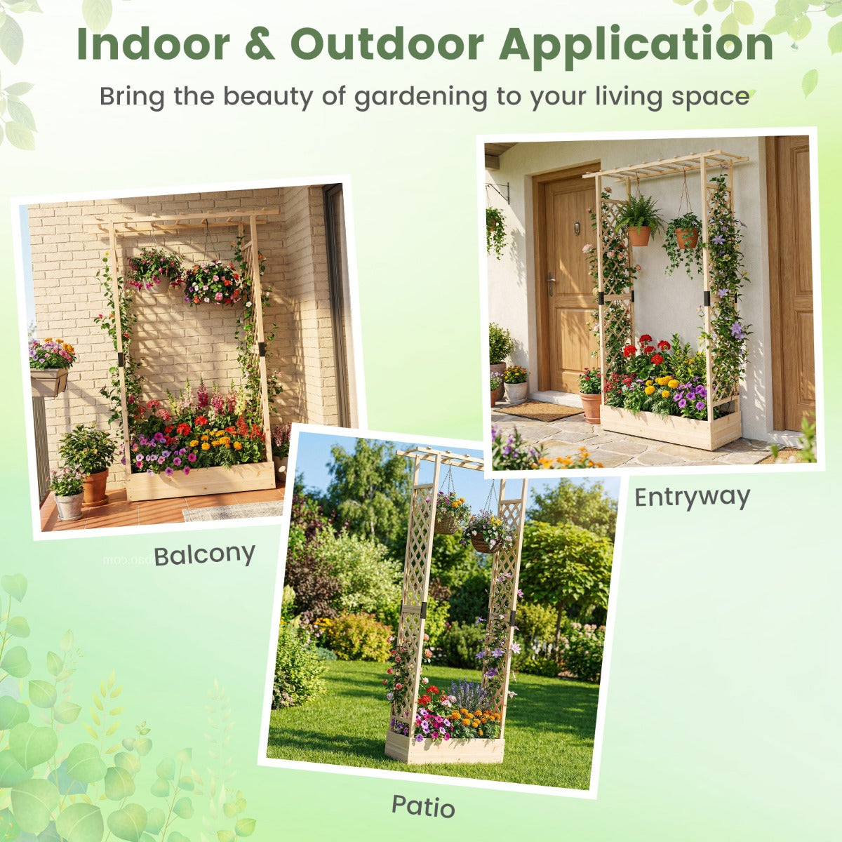 Livsk costway verhoogde houten tuinbak met latwerk en hangend dak afwateringsgaten plantenbak van vurenhout 110 x 35 x 227 cm