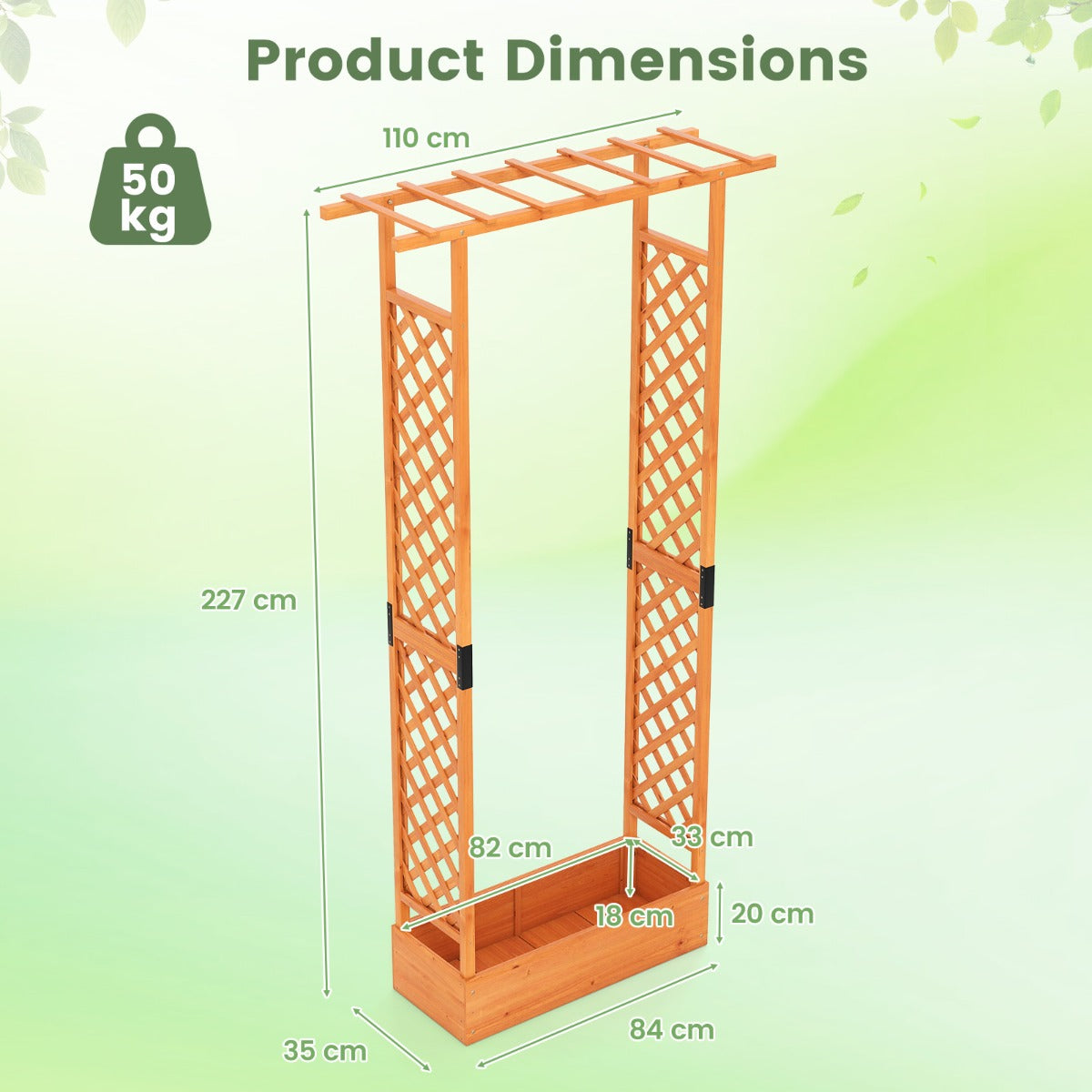 Livsk costway verhoogde houten tuinbak met latwerk en hangend dak afwateringsgaten plantenbak van vurenhout 110 x 35 x 227 cm oranje 1
