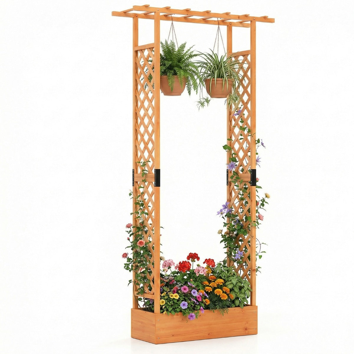 Livsk costway verhoogde houten tuinbak met latwerk en hangend dak afwateringsgaten plantenbak van vurenhout 110 x 35 x 227 cm oranje