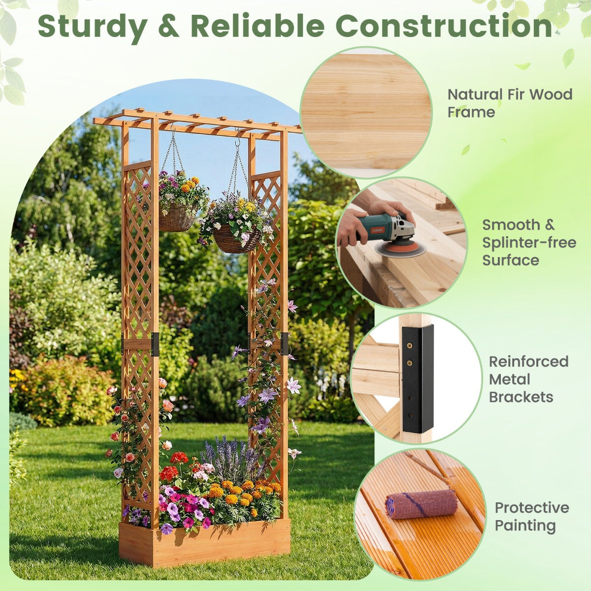 Livsk costway verhoogde houten tuinbak met latwerk en hangend dak afwateringsgaten plantenbak van vurenhout 110 x 35 x 227 cm oranje