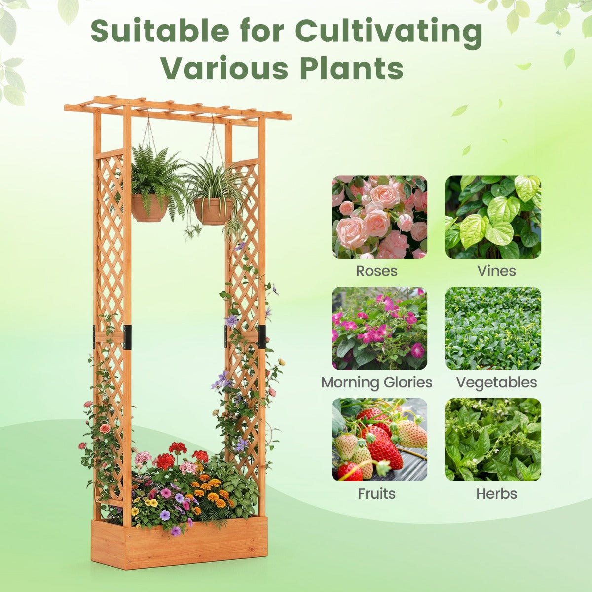 Livsk costway verhoogde houten tuinbak met latwerk en hangend dak afwateringsgaten plantenbak van vurenhout 110 x 35 x 227 cm oranje