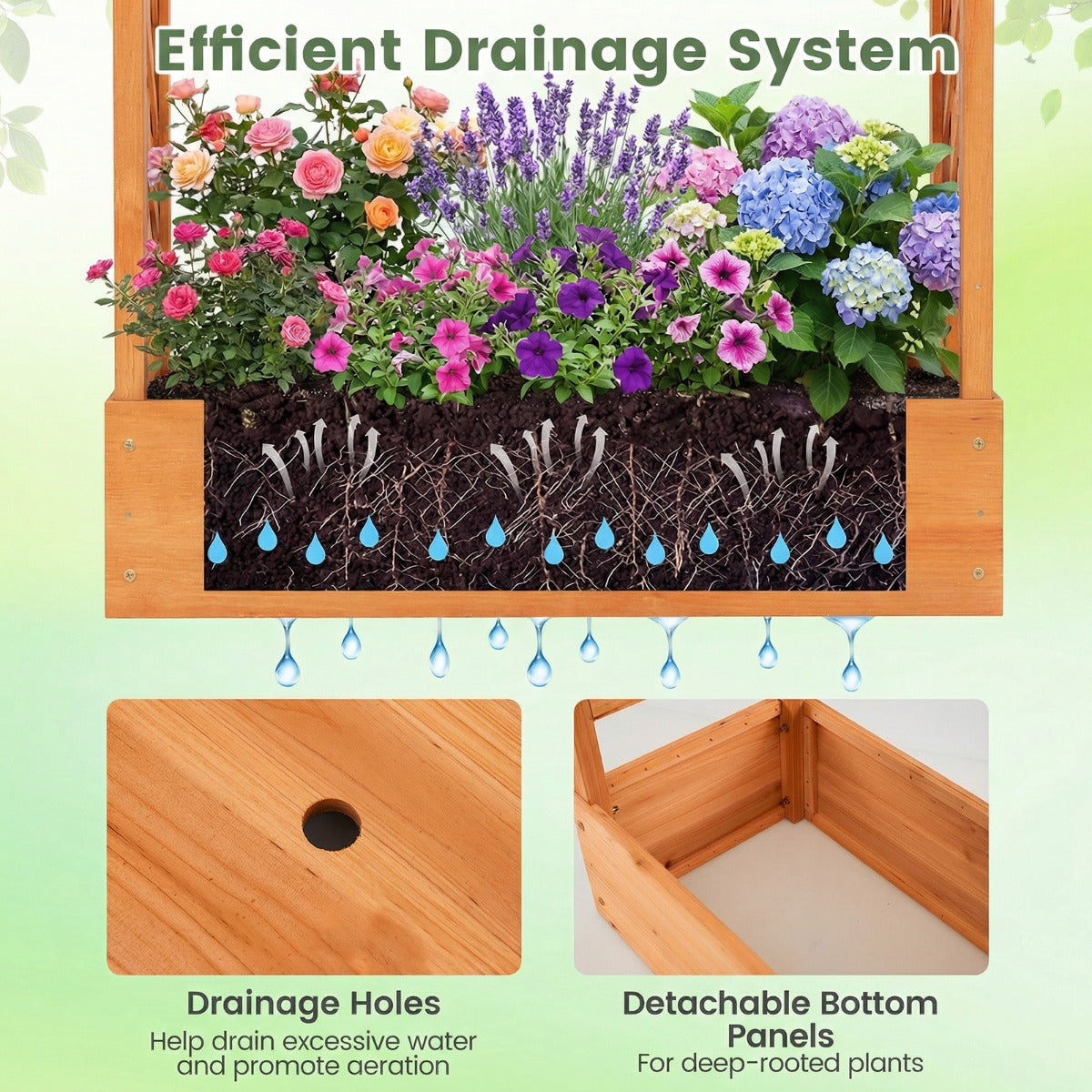 Livsk costway verhoogde houten tuinbak met latwerk en hangend dak afwateringsgaten plantenbak van vurenhout 110 x 35 x 227 cm oranje